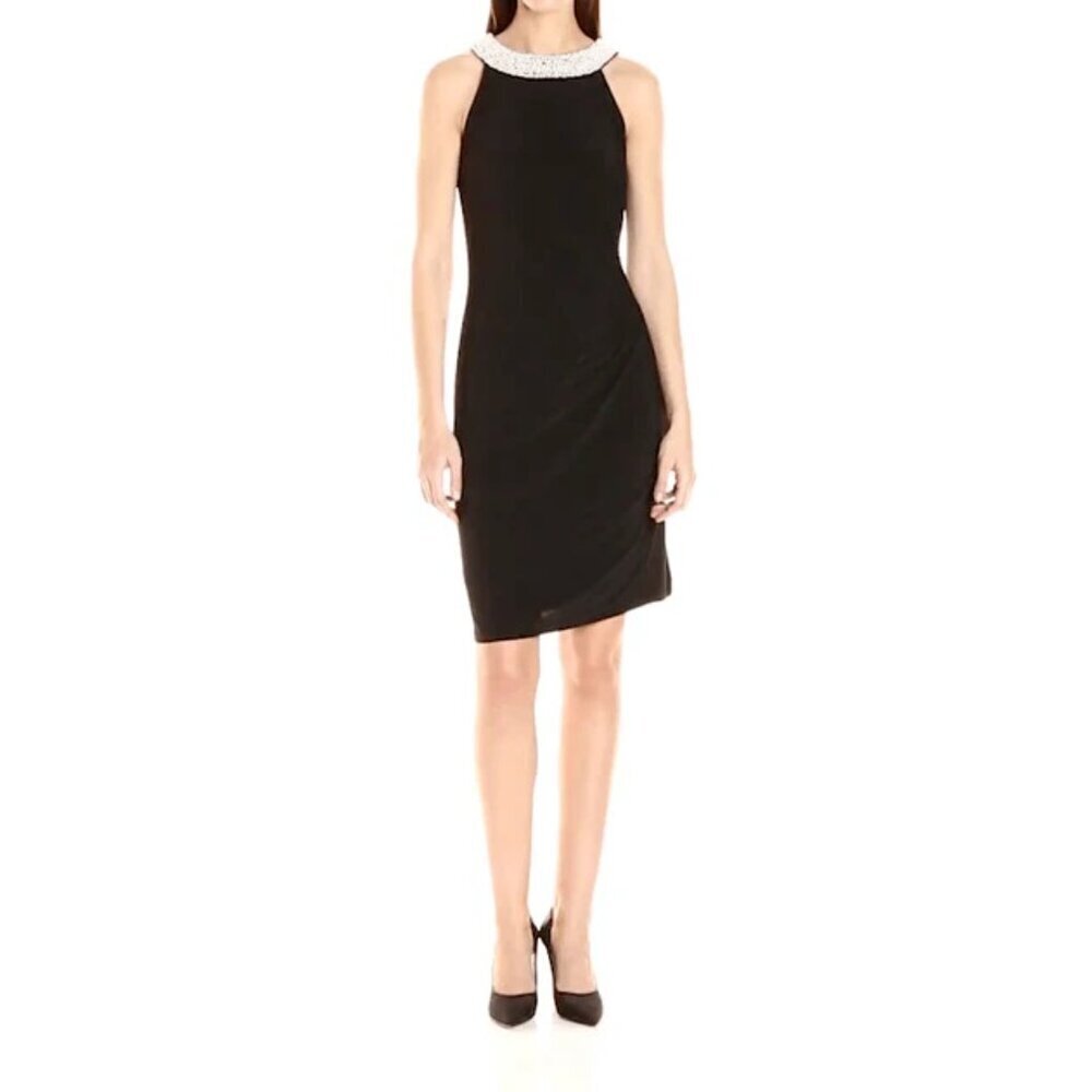 Adrianna Papell Black Pearl Halter Side Drape Midi Dress Black Women 8
